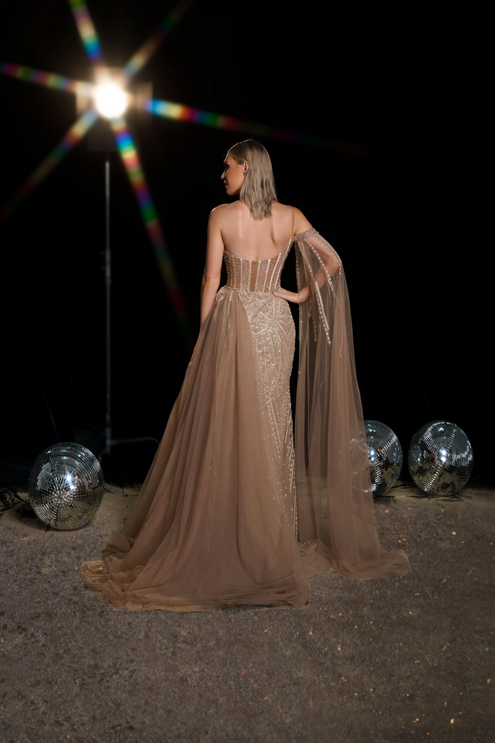 Champagne Dress for Wedding Guest with Sheer Cape - Designer Sequin Gown - Sparkly Maxi Dress Plus Size