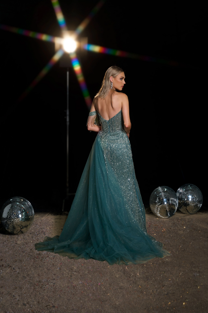 Gothic Teal Sequin Ball Gown with Off-Shoulder Sleeves - Sparkly Maxi Dress with Thigh-High Slit - Designer Sequin Gown Plus Size