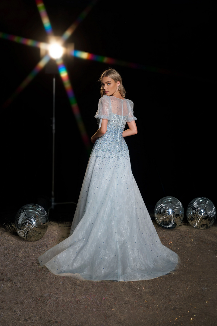 Blue Sequin Ball Gown with Puff Sleeves - Embellished Gown with Sweetheart Neckline - Sparkly Blue Sequin Dress Plus Size