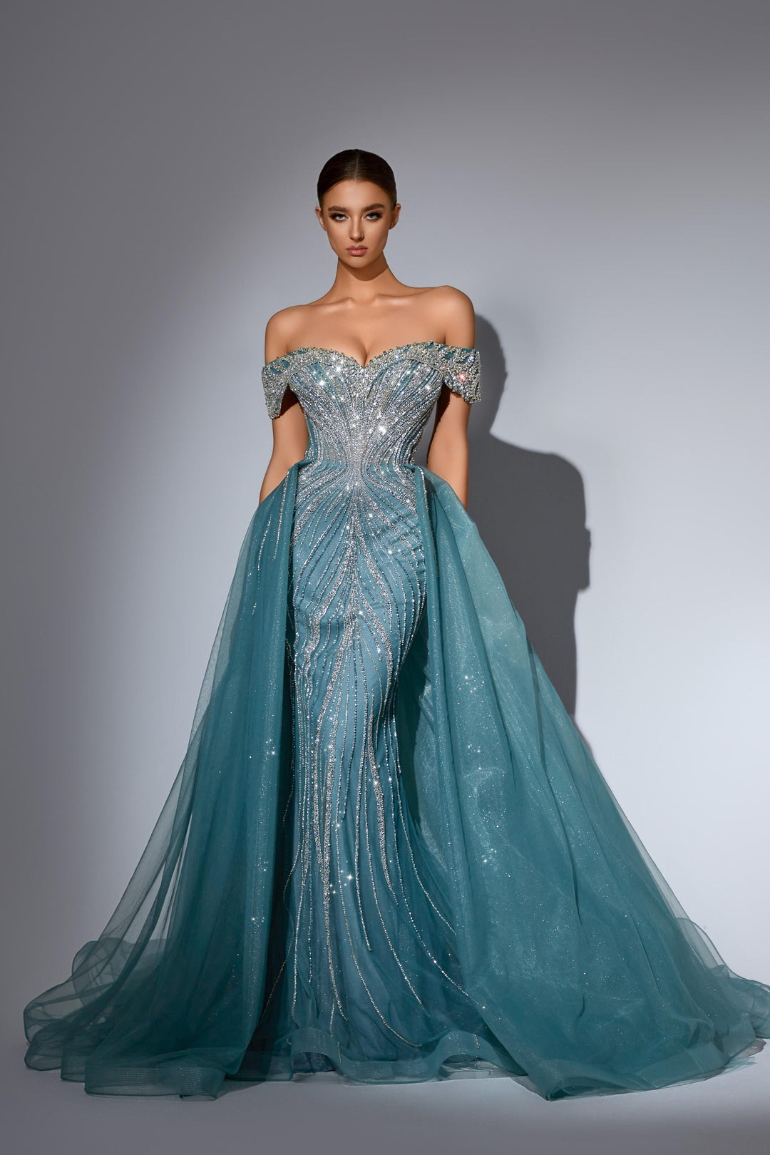 Champagne Sequin Dress with Off Shoulder Bodice and Overskirt – Sequin Ball Gown Plus Size