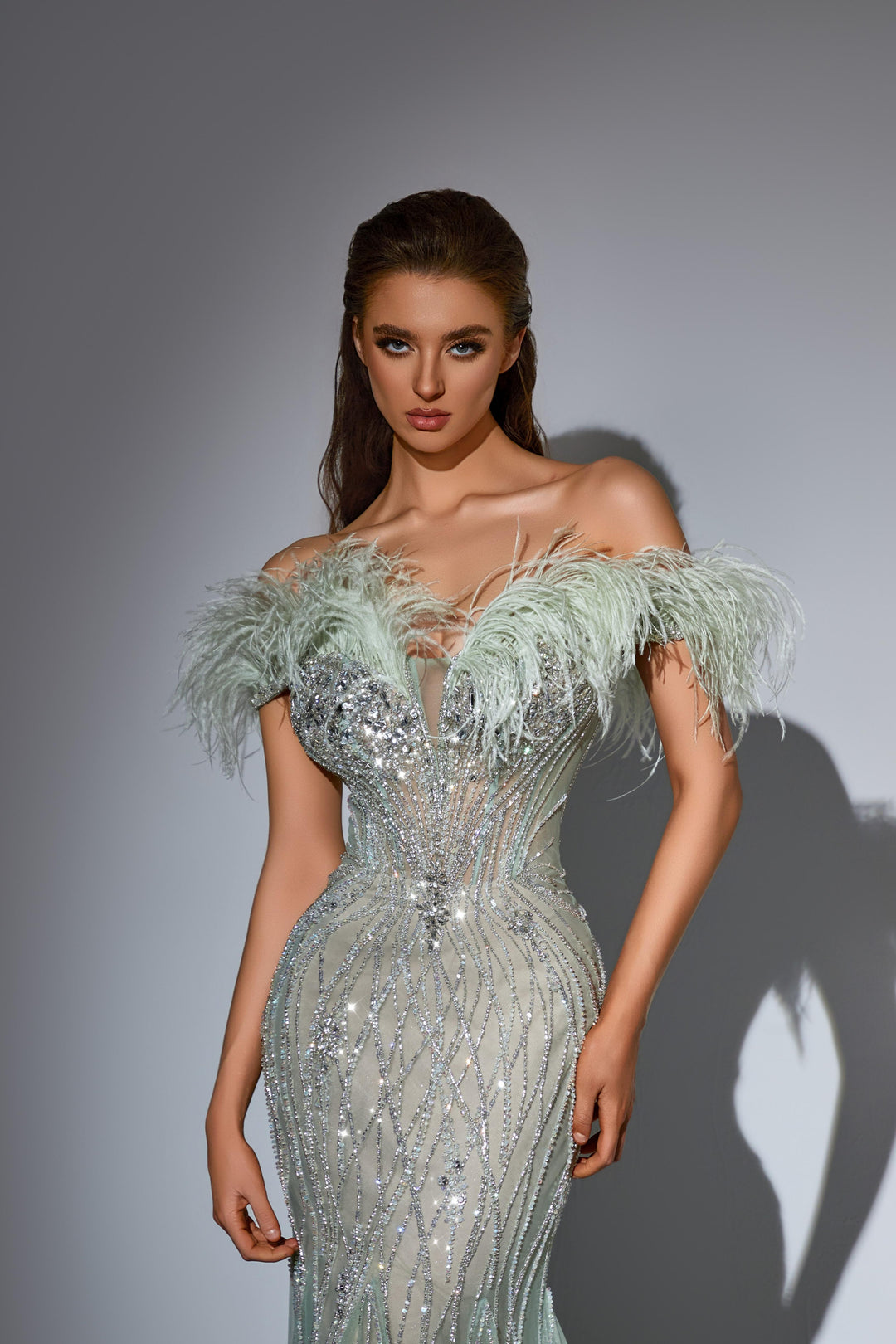 White Sequin Dress with Feather Off-Shoulder Bodice – Sequin and Feather Dress with Tulle Plus Size