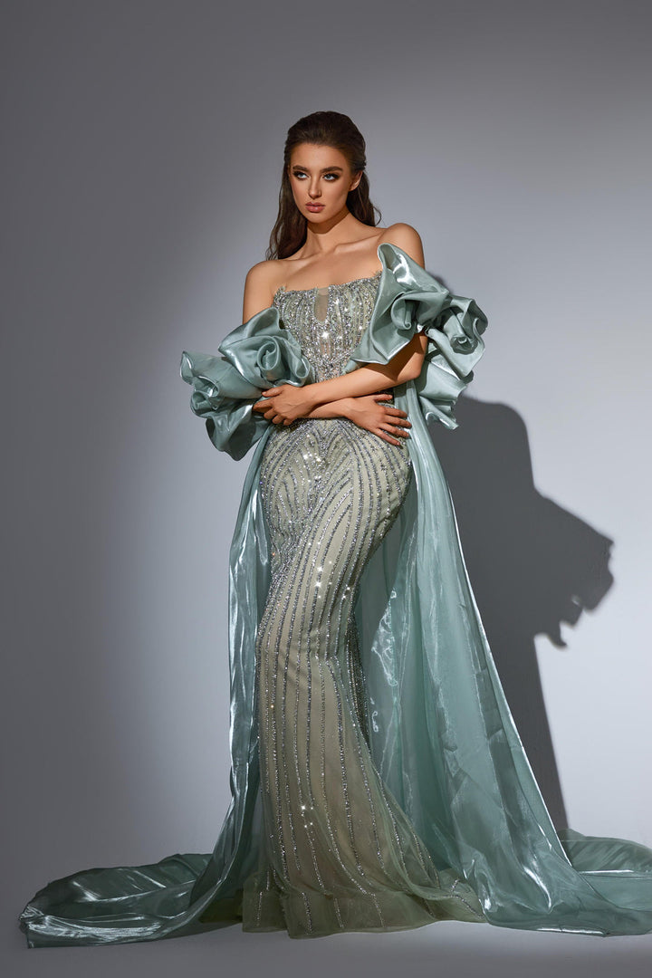 Gery Sequin Dress with Strapless Corset and Dramatic Overskirt – Sparkly Maxi Dress with Tulle Plus Size