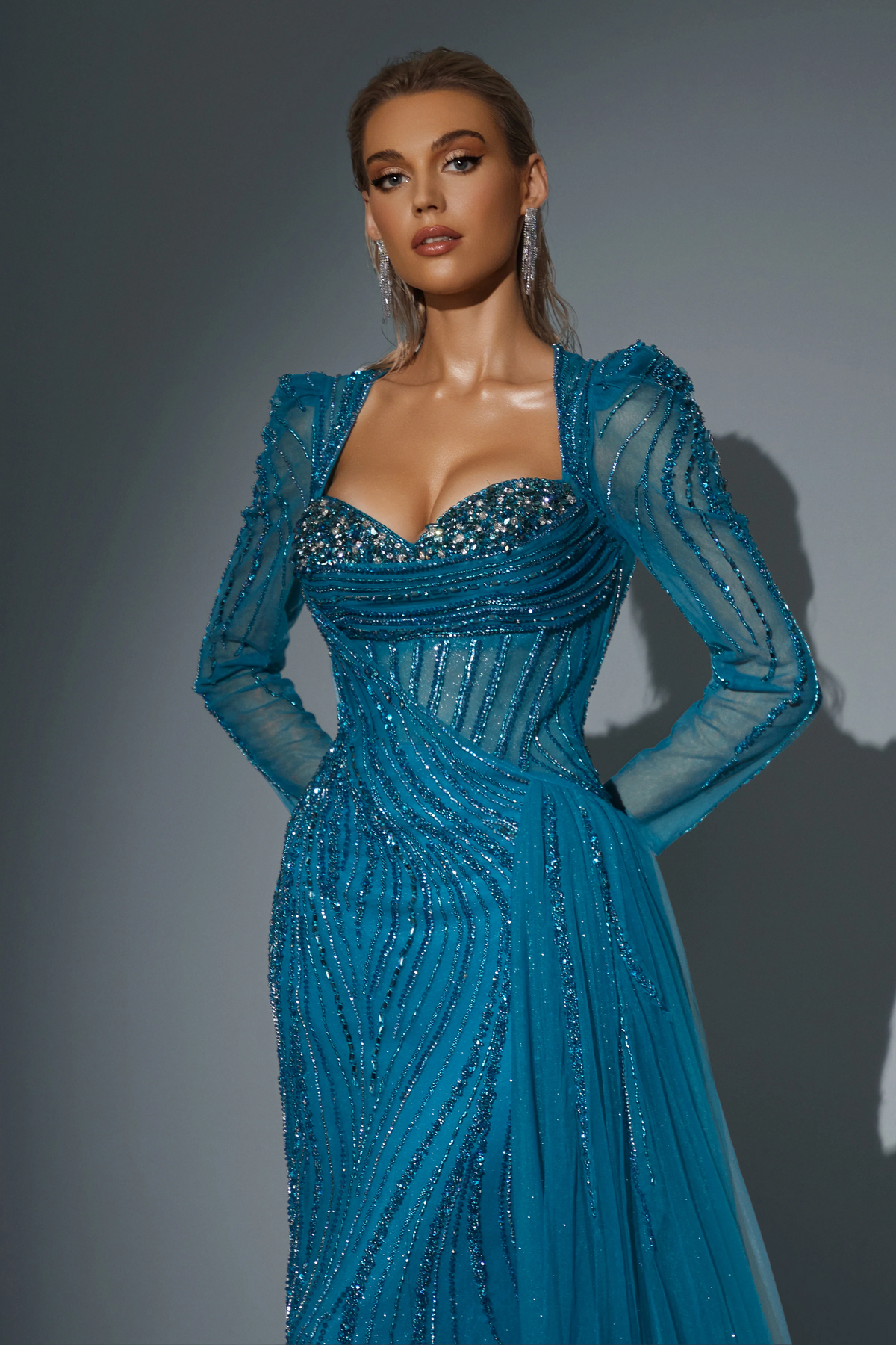 Turq Blue Sequin Gown with Long Sleeves and Detachable Train - Sparkly ...