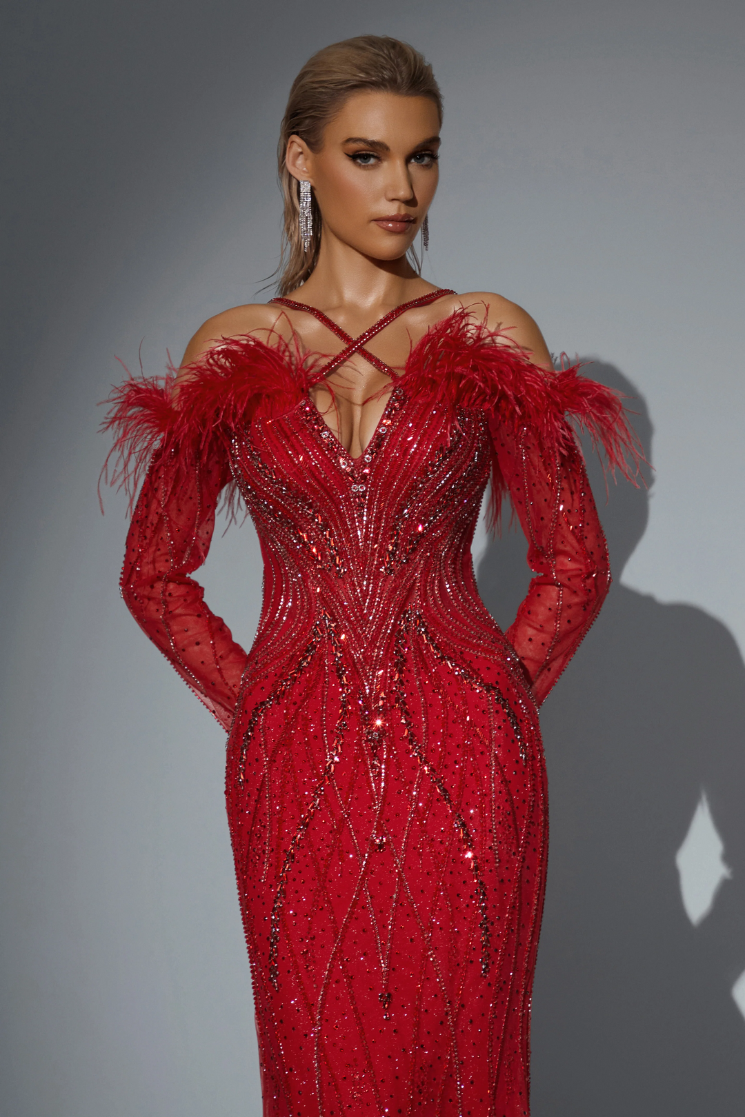 Gothic Red Sequin and Feather Dress - Long Sleeve Illusion Formal Dress - Sparkly Maxi Dress Plus Size