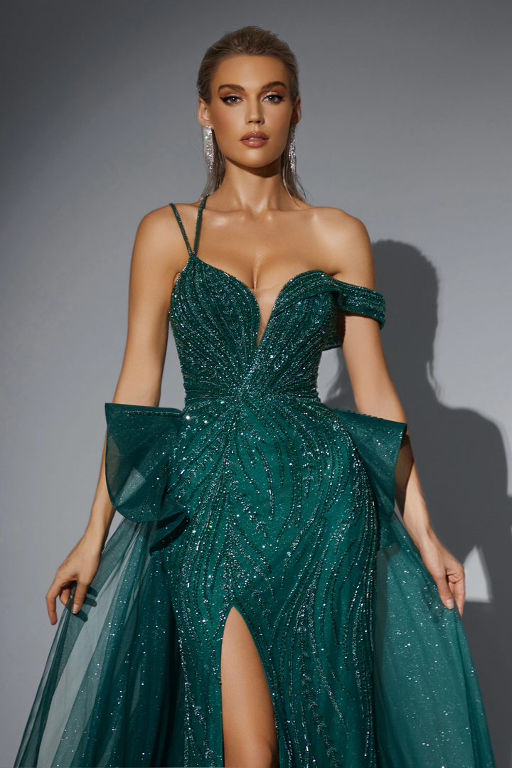 Gothic Emerald Green Glitter Dress with Off-Shoulder Design - Designer Sequin Gown with Flowing Tulle Skirt - Pretty Sequin Dress Plus Size