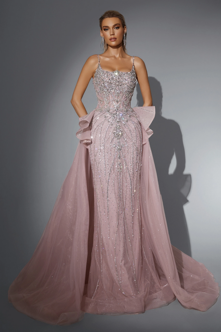 Pink Sequin Ball Gown with Illusion Bodice - Designer Sequin Gown with Flowing Tulle Skirt - Pink Sequin Dress Plus Size