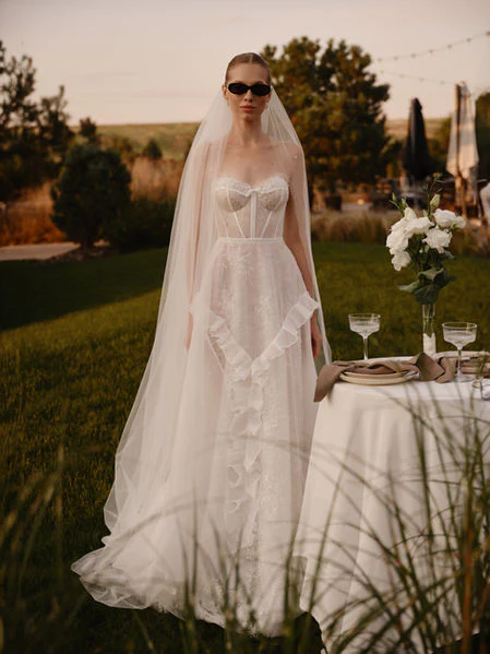 Floral Wedding Gown with Sequin Chantilly Lace A-Line Wedding Dress with Cascading Ruffles - Strapless Wedding Dress Plus Size - Aurora Size 16W Floral Wedding Gown with Sequin Chantilly Lace A-Line Wedding Dress with Cascading Ruffles - Strapless Wedding Dress Plus Size - Aurora Size 16W