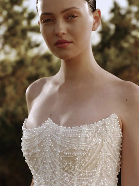 Tiered Bridal Gown  with Beaded Corset and Pearl Embroidery – Strapless Wedding Dress - Wedding Dress Corset with Pearl Beading Plus Size - Diana