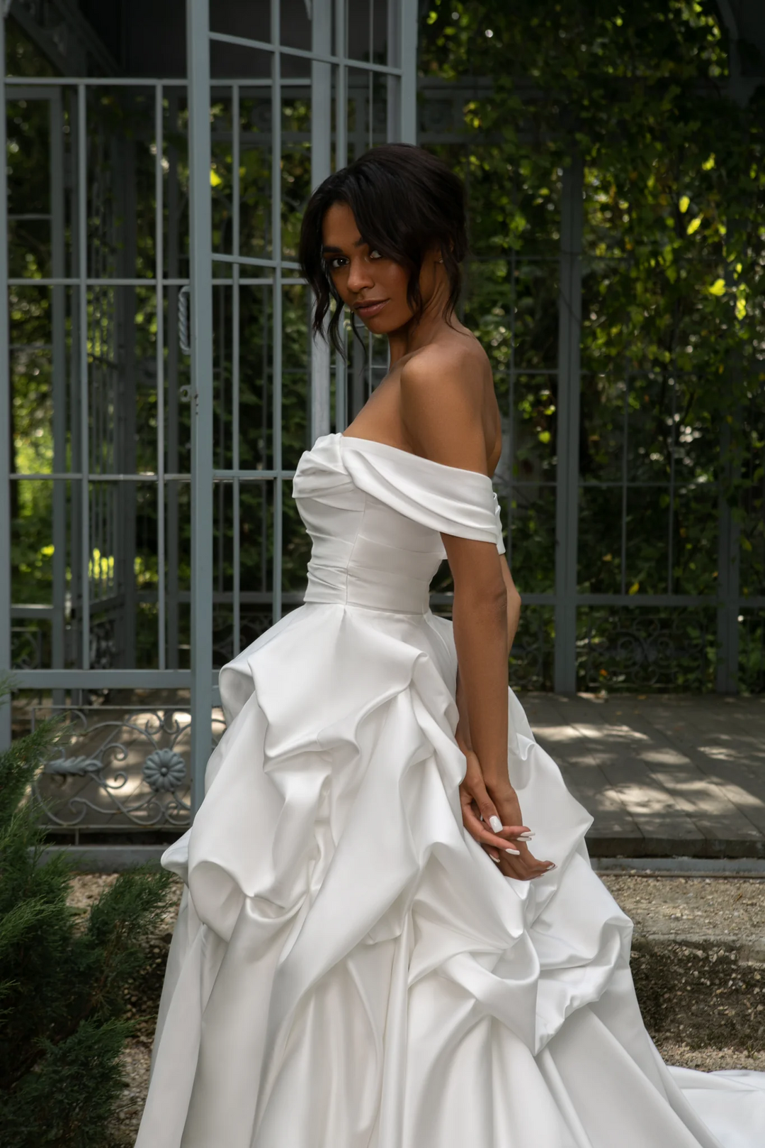 Ivory Satin Ball Gown with Royal Train – Off-the-Shoulder Wedding Dress with Corset and Removable Floral Accent Plus Size Marabella
