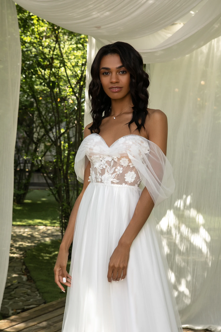 Ivory Boho Wedding Dress with Sweetheart Corset and Tulle Straps – Chiffon Wedding Dress with Train Plus Size - Marta