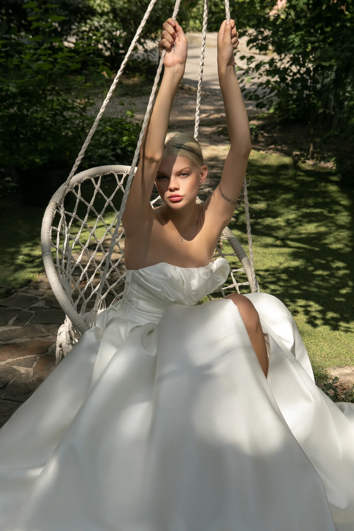 Ivory Strapless Wedding Dress with Designer Draping Corset – Simple Wedding Dress with Luxurious Train and Slit Plus Size - Melody