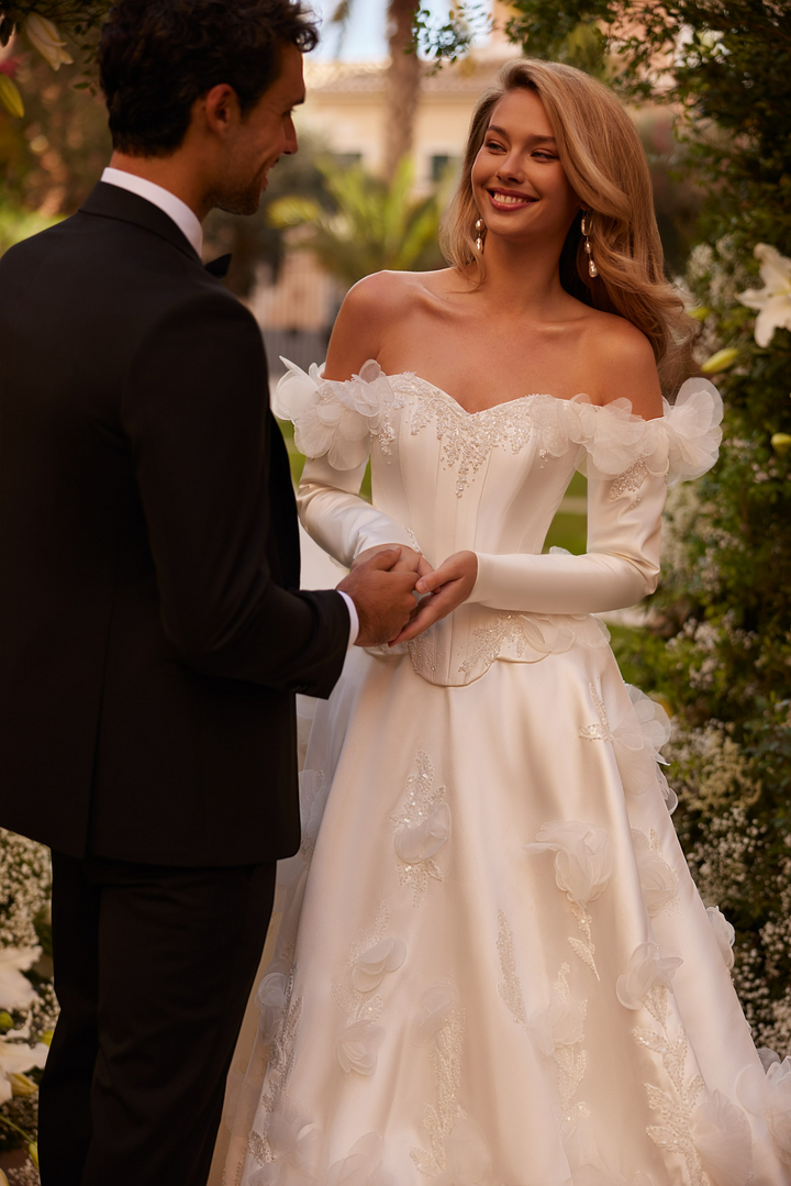 Ivory Off Shoulder Wedding Dress with Corset Bodice – Floral Wedding Dress with Long Sleeves and Ball Gown Skirt Plus Size