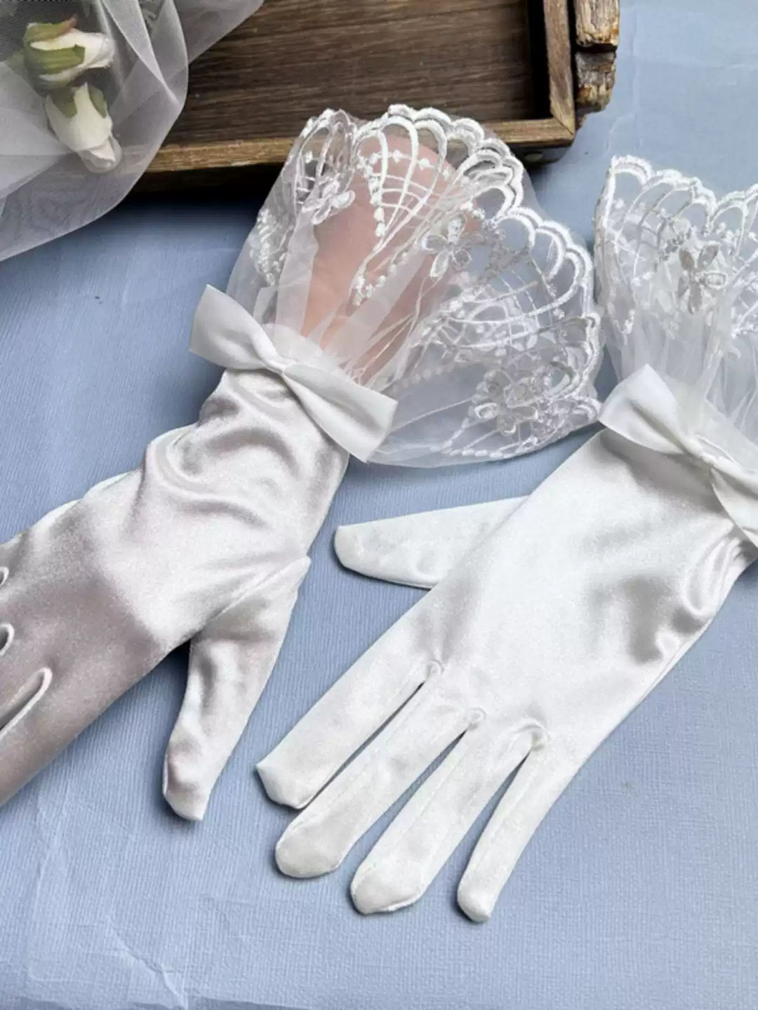 Vintage-Inspired Satin Bridal Gloves with Lace Fan Detailing and Bow Accents