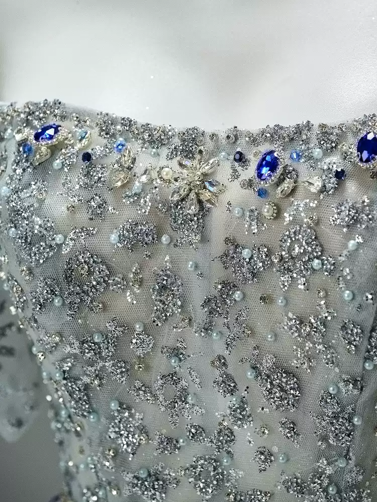 Silver Sequin Evening Gown with Corset Back – Sparkly Maxi Dress with Crystal Embellishments and Matching Choker Plus Size