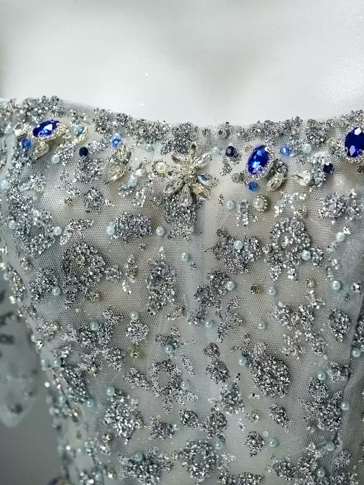 Silver Sequin Evening Gown with Corset Back – Sparkly Maxi Dress with Crystal Embellishments and Matching Choker Plus Size