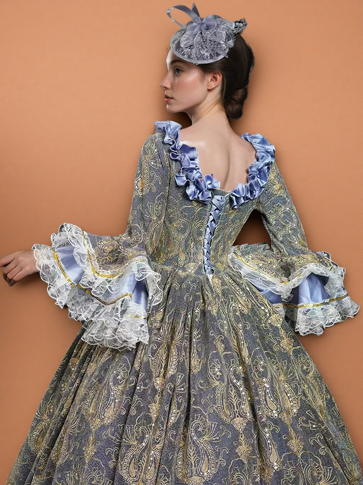 Blue Rococo Court Dress with Ruffles and Satin Panels – 18th Century Marie Antoinette Gown Replica