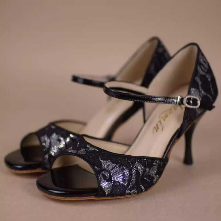 Whispers of Noir – Handmade Black Lambskin Lace Tango Heels
