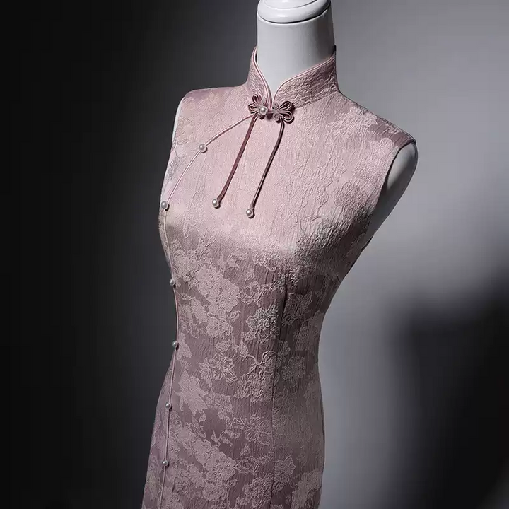 Elegant Pink Cheongsam Dress with Floral Lace – Cheongsam Dress with Slit - Sleeveless Qipao Dress Custom Order Plus Size