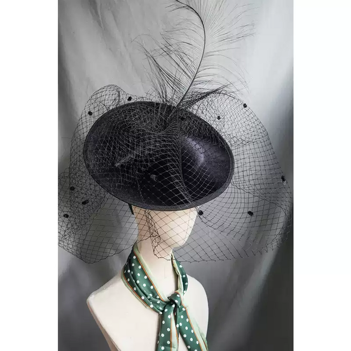 Elegant Black Fascinator with Feather - Women's Feather Hat with Veil