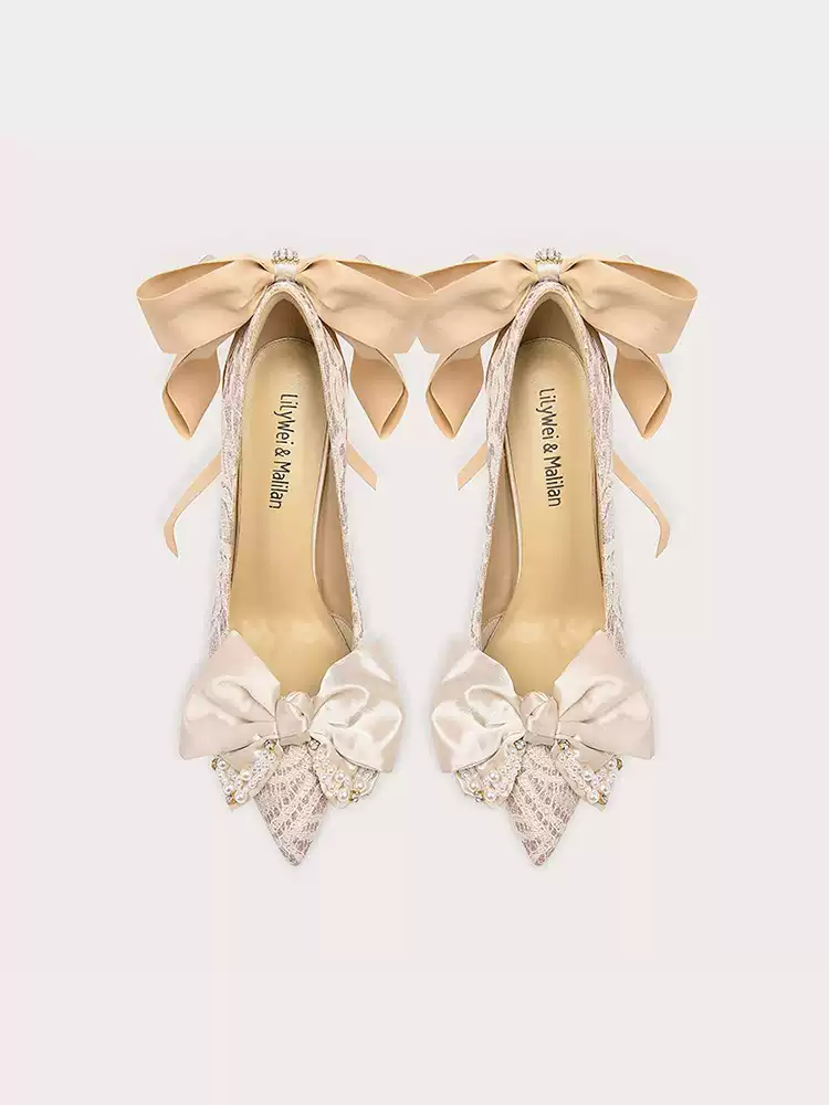 Champagne Lace High Heels with Bow and Ribbon - Bridal Edition