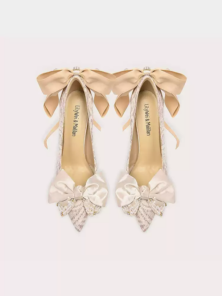 Champagne Lace High Heels with Bow and Ribbon - Bridal Edition