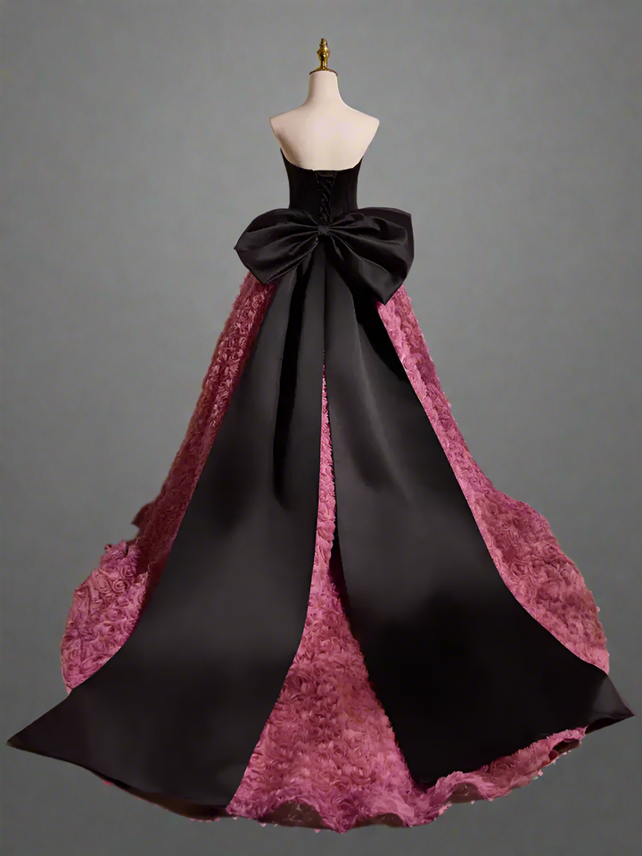 Gothic Black and Pink Ball Gown with Sweetheart Neckline - 3D Rose Dress with Strapless -  Pink and Black Floral Ball Gown with Oversized Bow Plus Size