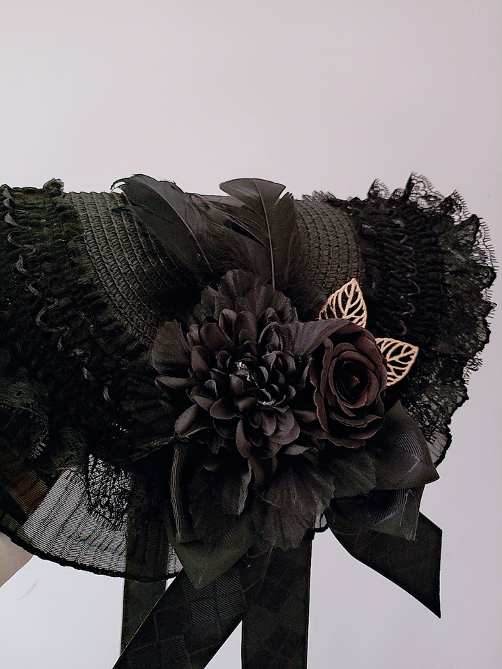 Gothic Black Hat with Floral Embellished - Black Lolita Hat with Lace Embellished