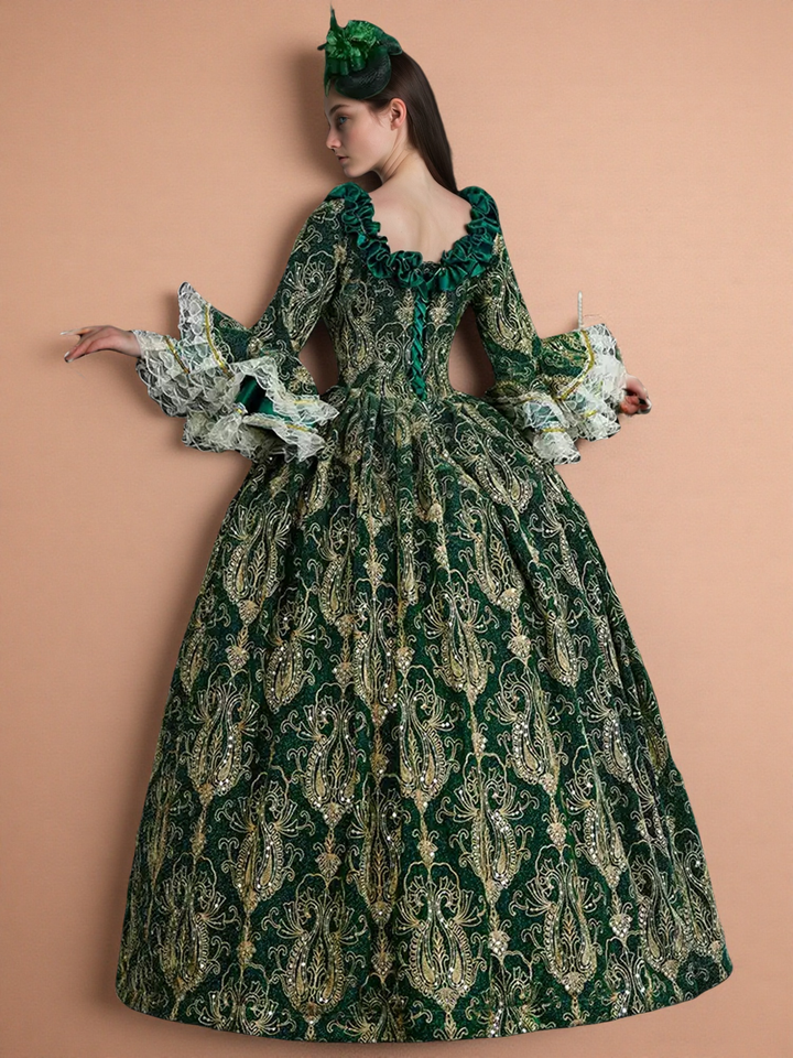 Marie Antoinette Rococo Style Dress in Green Brocade with Lace Bell Sleeves – Victorian Ball Gown Plus Size