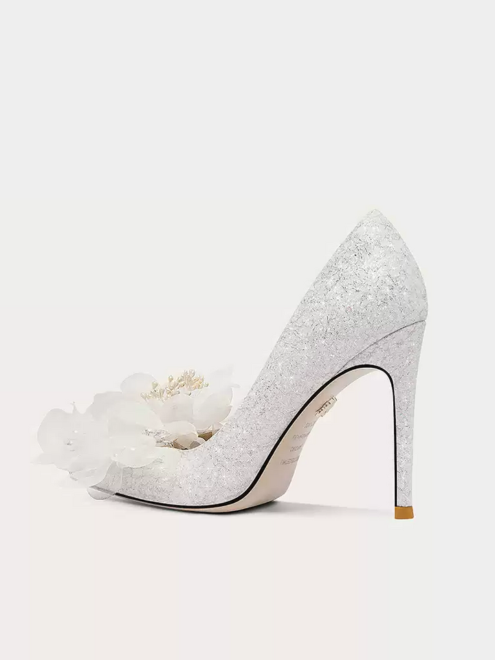 Bridal Elegant Floral Lace High Heels with Beaded Detailing - Vintage Inspired