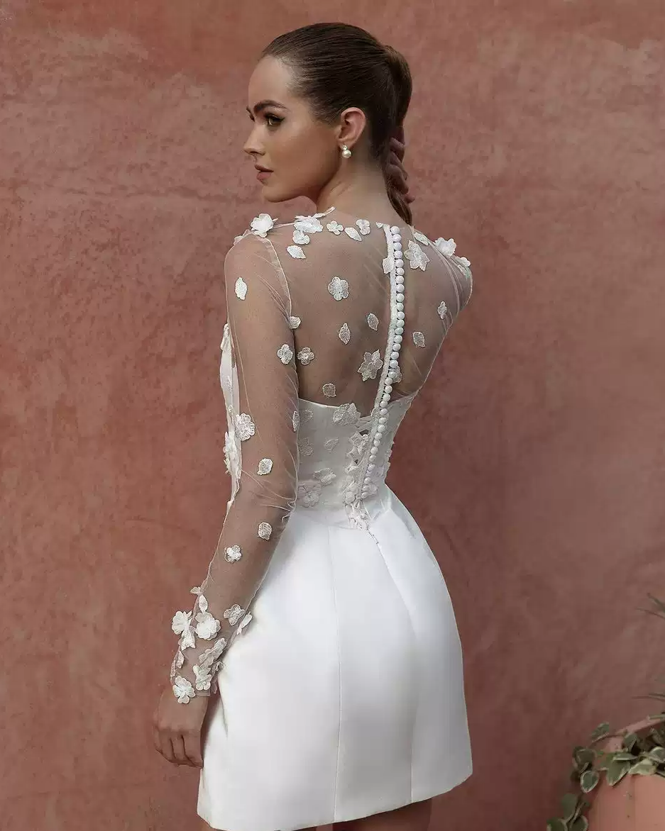 Short Long Sleeves Wedding Dress with Corset Bodice and Convertible Lace Sleeves – Short Bridal Wedding Dress Plus Size