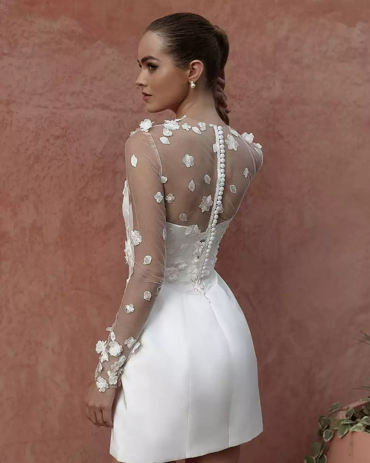 Short Long Sleeves Wedding Dress with Corset Bodice and Convertible Lace Sleeves – Short Bridal Wedding Dress Plus Size