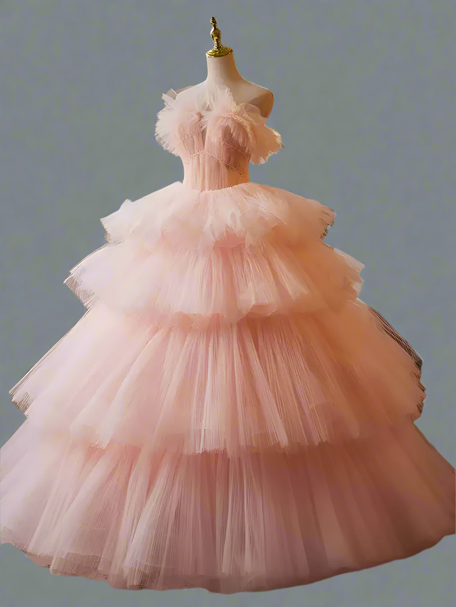 Pink Tiered Ball Gown - Corset Tulle Dress with Layered Ruffle Skirt – Layered Tulle Ruffle Dress Plus Size