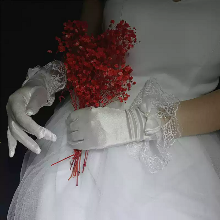 Vintage-Inspired Satin Bridal Gloves with Lace Detailing and Ribbon Accents