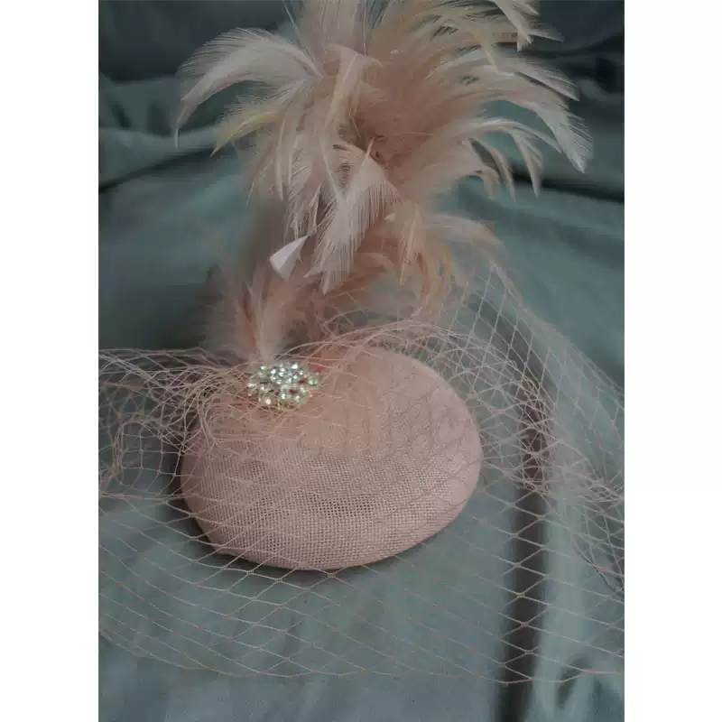 Vintage-Inspired Pink Feather Fascinator - Cocktail Hat with Veil