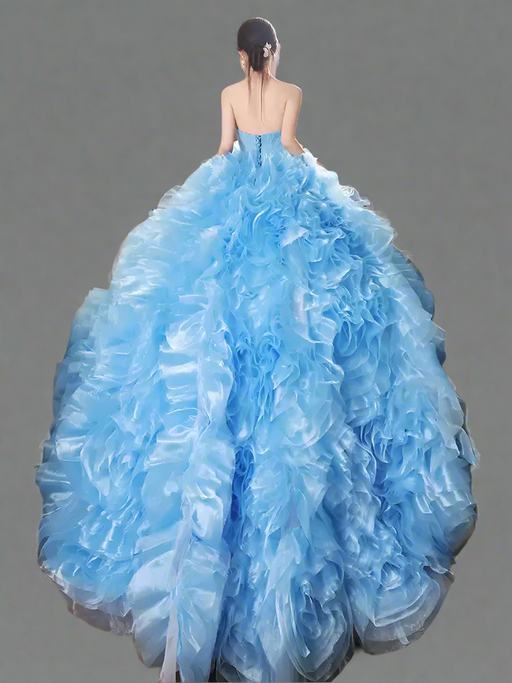 Blue Floral Ball Gown with Strapless – Elegant Blue Prom Dress with Floral Embellishments – Layered Tulle Ruffle Ball Dress with Corset Back Plus Size