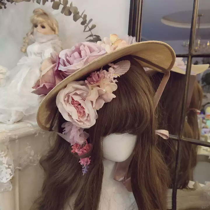 Vintage-Inspired Regency Era Bonnet with Satin Ribbons and Floral Accents