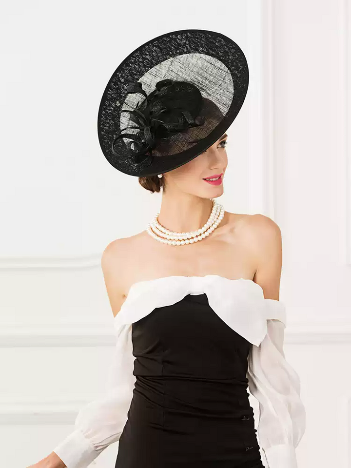 Elegant Linen Hat with Floral Accents - Black Fascinators and Hats