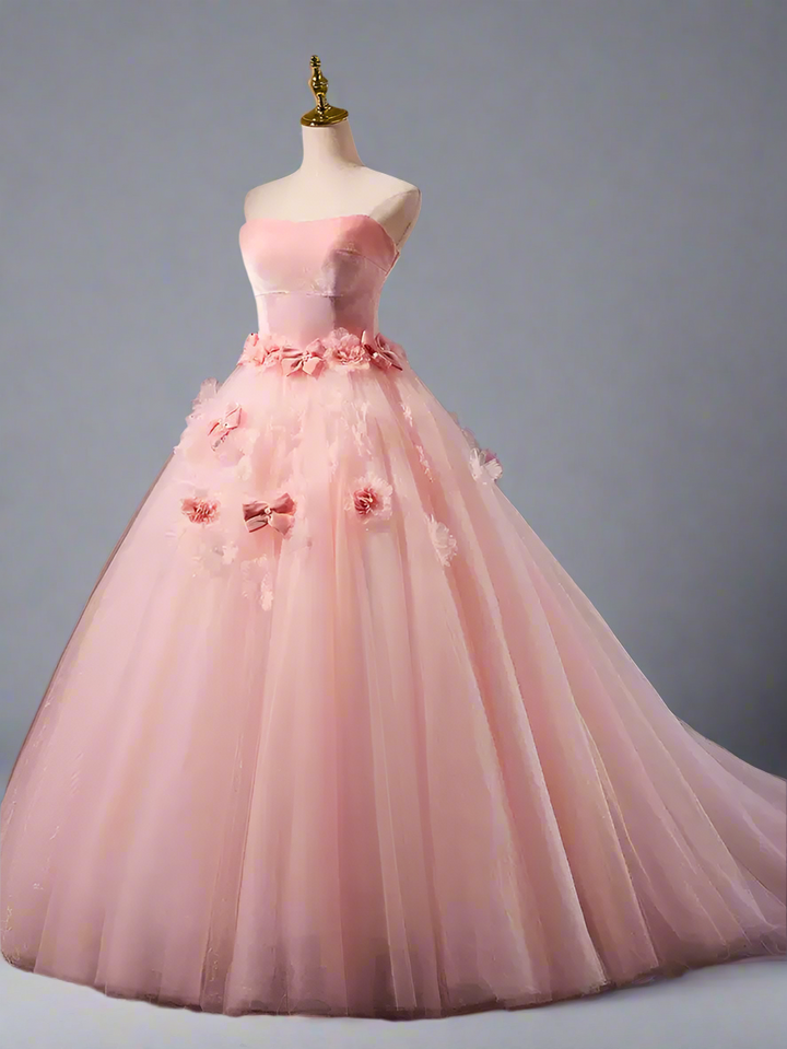 Pink Ball Gown with Floral Accessories - Corset Back Wedding Dress - Pink Flower Prom Dress with Tulle Plus Size