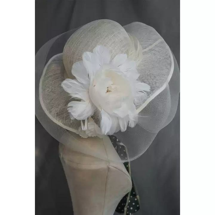 Vintage-Inspired Wide-Brimmed White Hat - Ladies Bowler Hat with Floral and Tulle