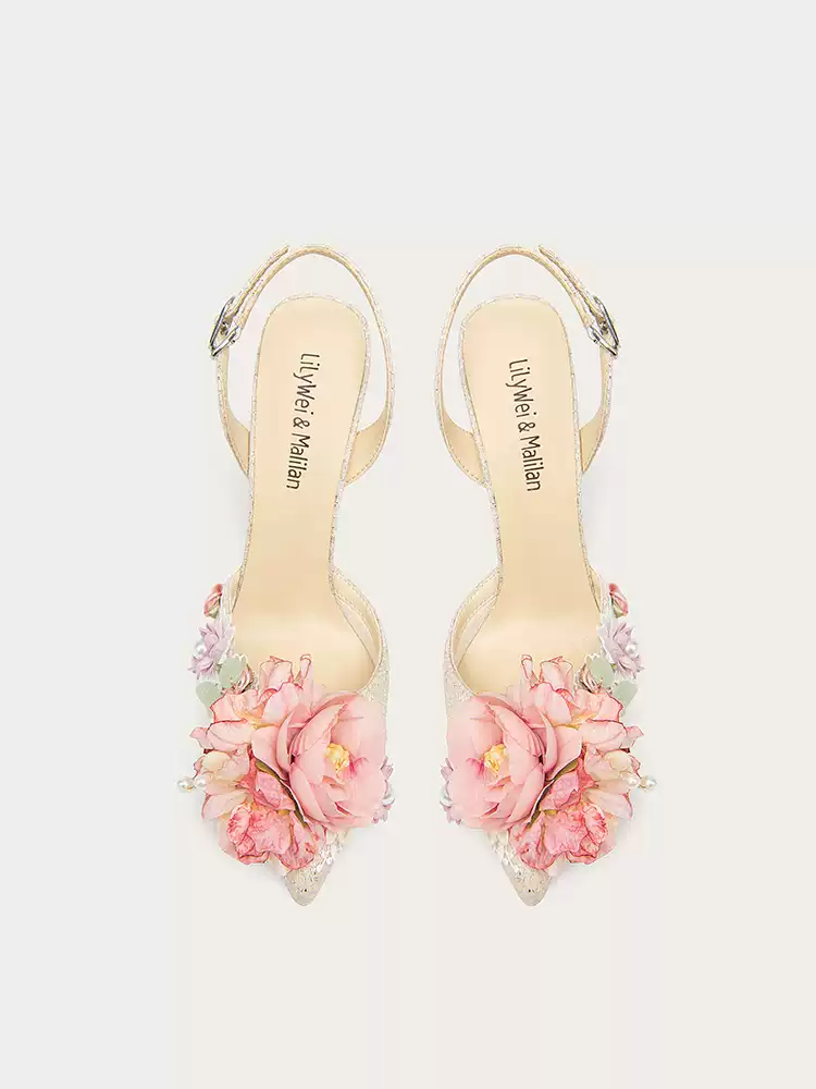 Champagne Floral Embellished Glitter High Heel Sandals - Summer Designer Style