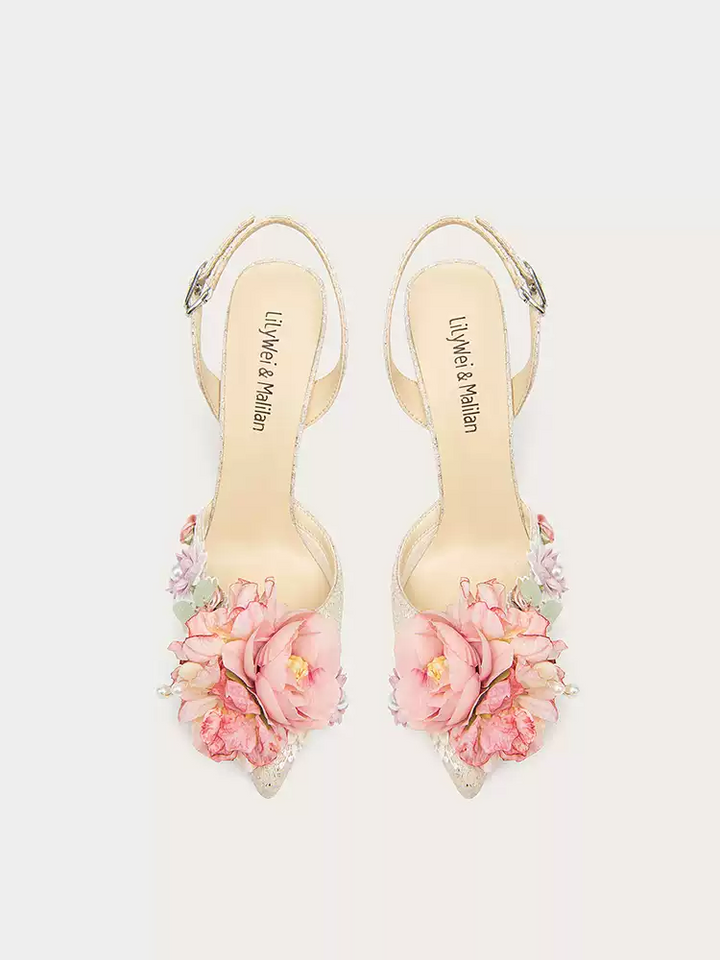 Champagne Floral Embellished Glitter High Heel Sandals - Summer Designer Style