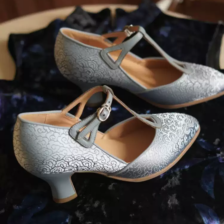 "Silver Petal Waltz" – Handmade Embroidered Satin T-Strap Heels