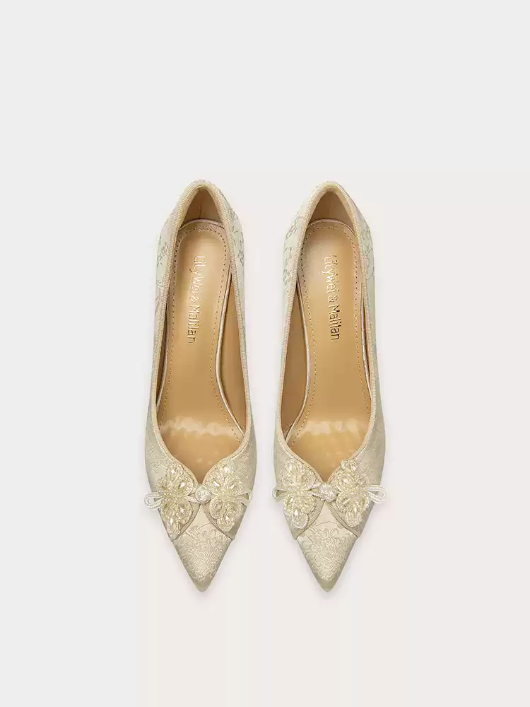 Vintage-Inspired Champagne Bridal Floral High Heels - Elegant Beaded Design