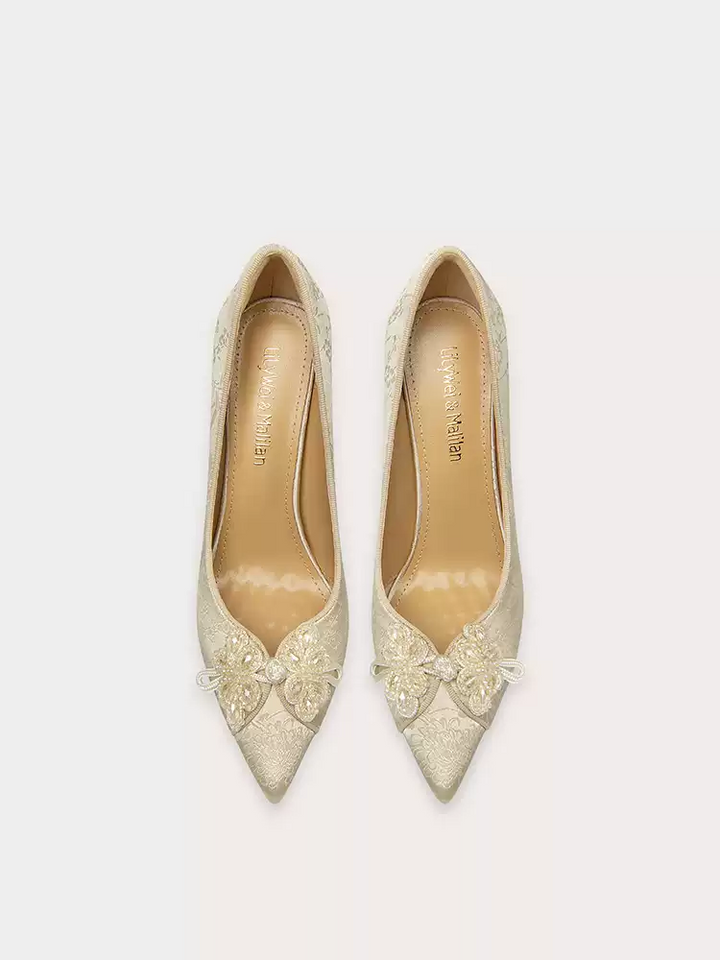 Vintage-Inspired Champagne Bridal Floral High Heels - Elegant Beaded Design