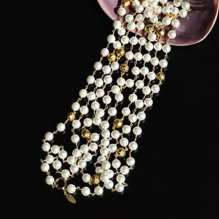 Reverie of Gabrielle – Long Pearl and Gold Bead Necklace - Salute to Gabrielle