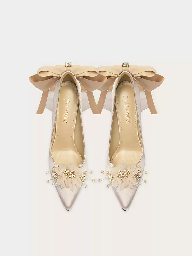 Vintage Inspired Elegant Satin Bow Bridal High Heels with Floral Appliqué