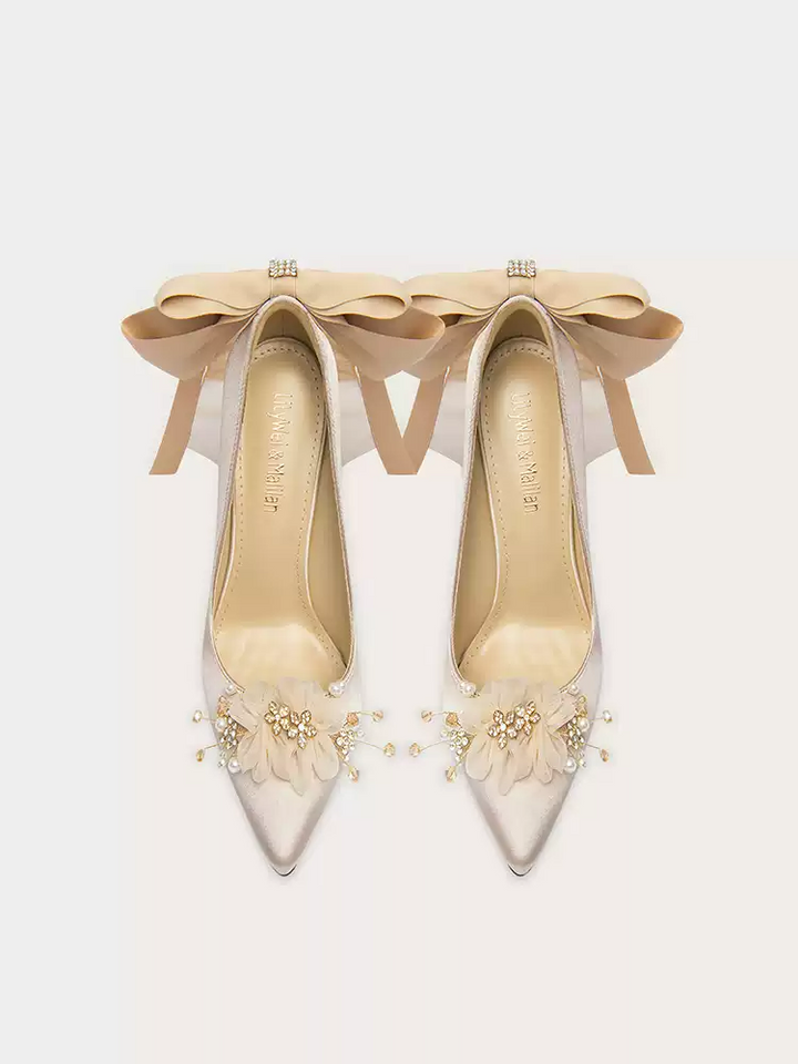 Vintage Inspired Elegant Satin Bow Bridal High Heels with Floral Appliqué