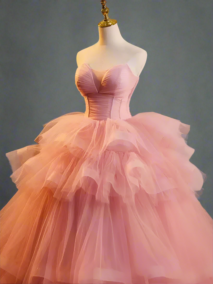 Pink Strapless Evening Ball Gown - Princess Ball Gown with Corset Back - Layered Tulle Ruffle Dress Plus Size