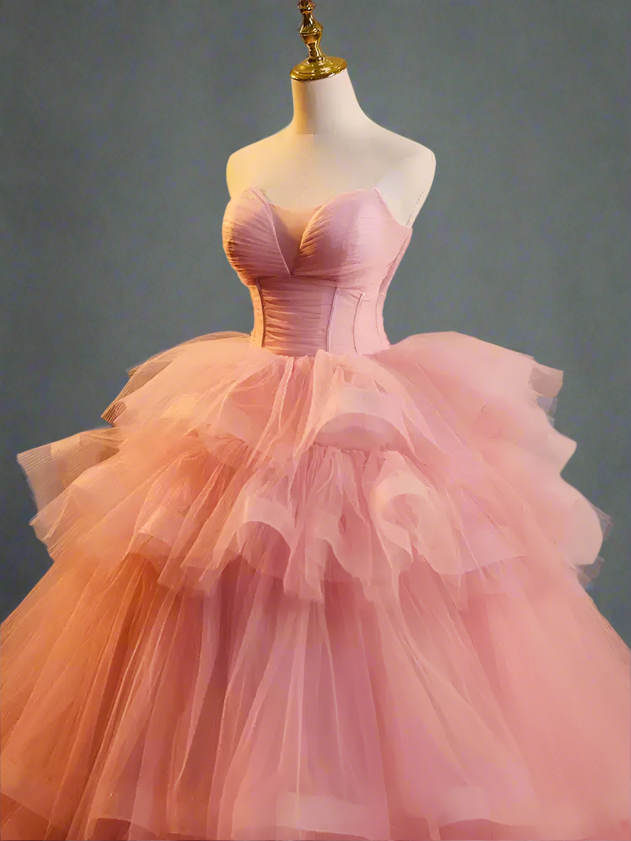 Pink Strapless Evening Ball Gown - Princess Ball Gown with Corset Back - Layered Tulle Ruffle Dress Plus Size Size 28W / Pink Pink Strapless Evening Ball Gown - Princess Ball Gown with Corset Back - Layered Tulle Ruffle Dress Plus Size Size 28W / Pink