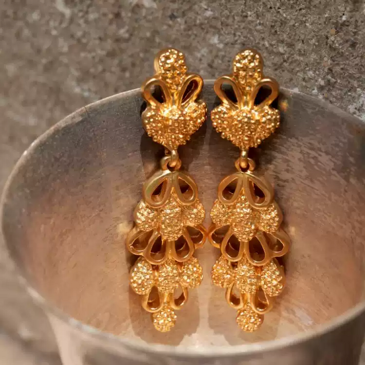 Golden Reverie – Handmade Vintage Filigree Long Drop Earrings – Pinecone